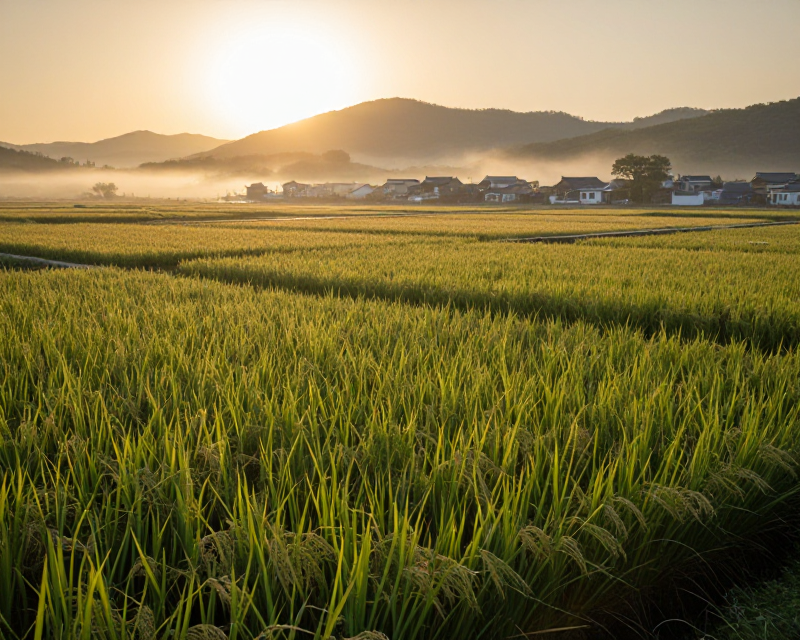 Serene Korean rural landscape at dawn