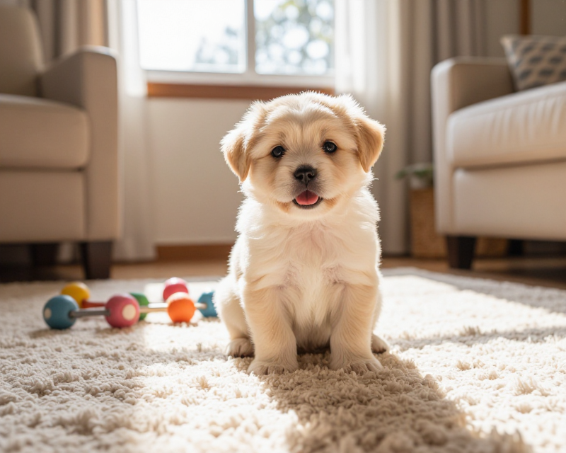 A happy puppy in a sunlit room